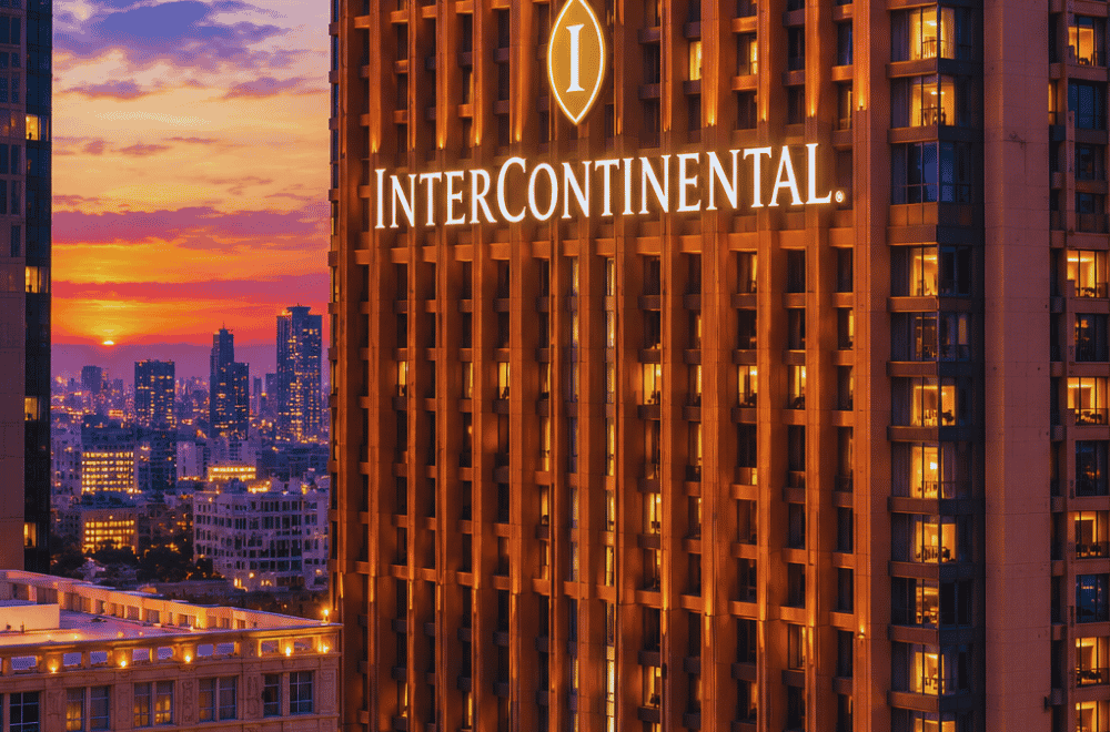 "InterContinental hotel exterior at dusk"