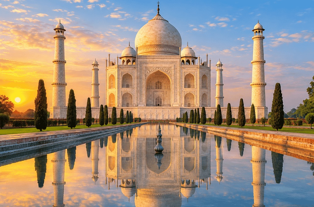 “Taj Mahal white marble mausoleum reflected in the pool at Agra”