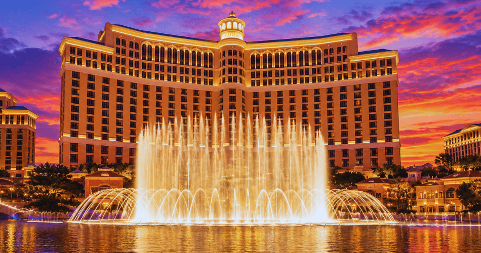 "Bellagio fountains in front of the hotel, Las Vegas"